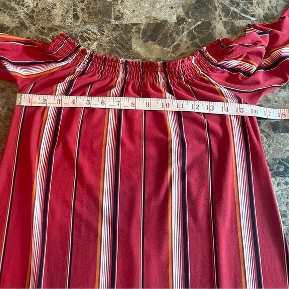 Off The Shoulder Flowy Boho Flared Bell Sleeve Peasant Top Red Striped - Picture 3 of 5